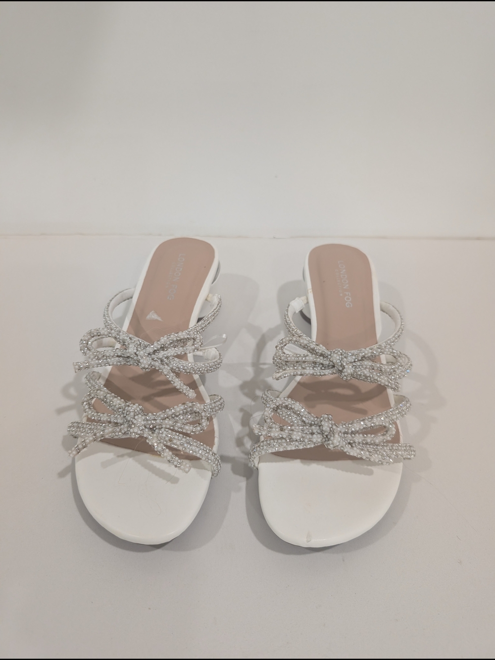 London Fog White Crystal Bow Slide Mules (Never worn)